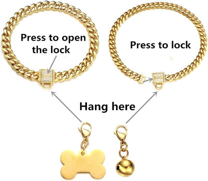 Gold Chain Dog Collar Walking Trainning Chain Collar with CZ Lock ID Tag and Bell Chew Proof 11MM/15MM/19MM Stainless Steel Cuban Link Chain for Small Medium Large Dogs(11Mm, 10Inch).