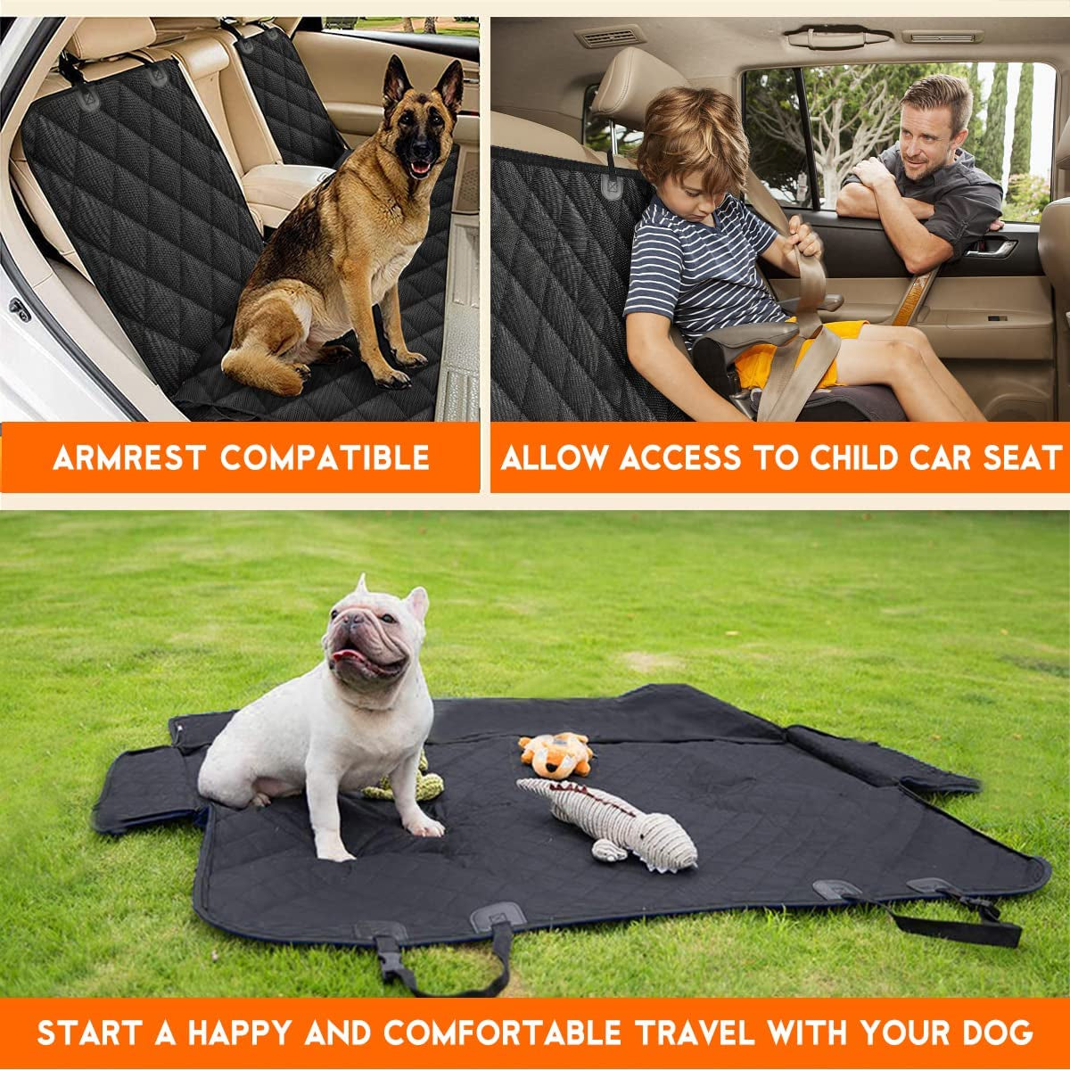 Premium Waterproof Dog Car Seat Cover - Non-Slip Back Seat Protector for Cars, Trucks & SUVs - Fits Middle Armrest - Black.