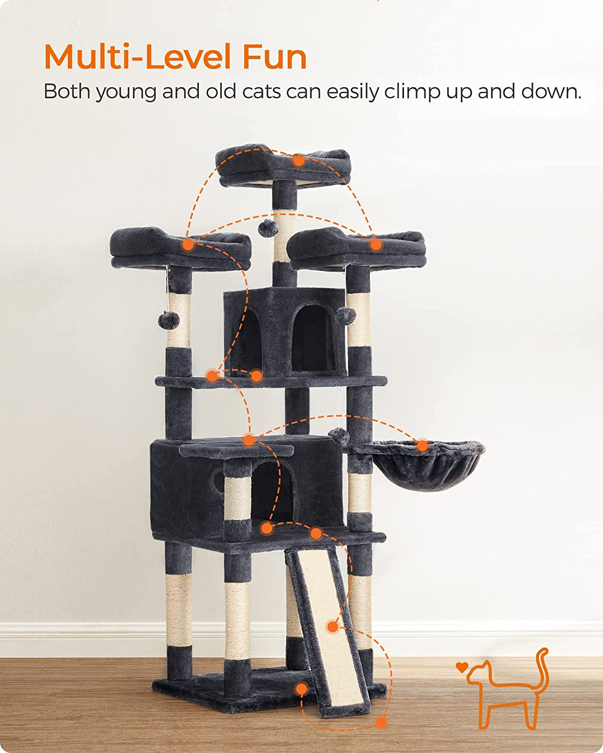 Cat Tree, Large Cat Tower, Cat Condo with Scratching Posts, Board, 2 Caves, 3 Plush Perches, Activity Center, 66.5 Inches, Smoky Gray UPCT019G01.