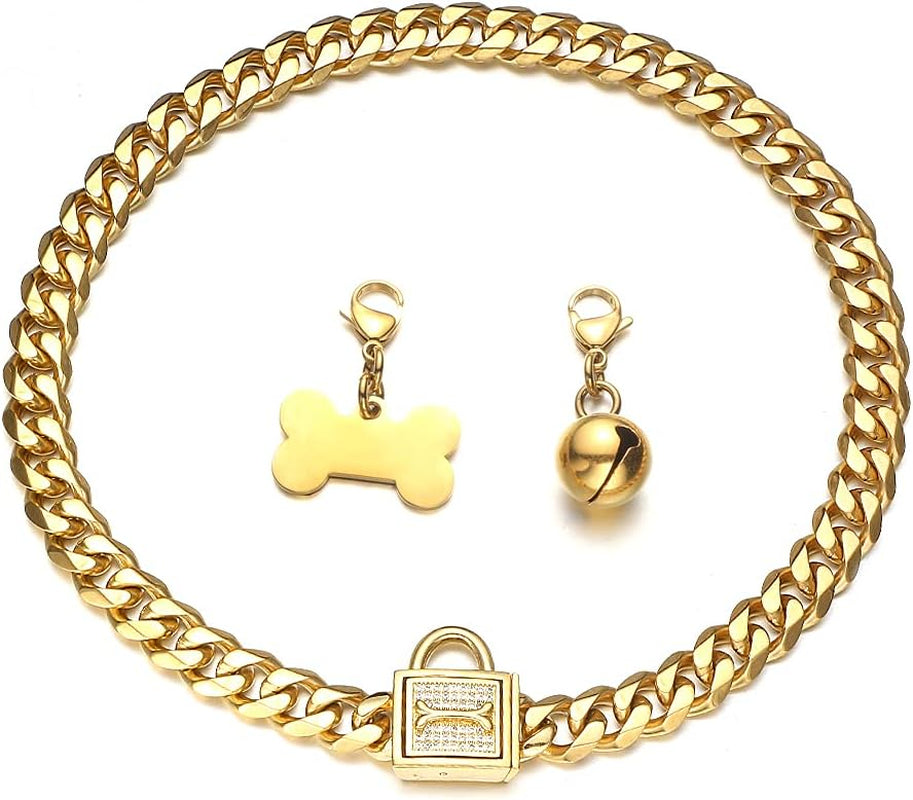 Gold Chain Dog Collar Walking Trainning Chain Collar with CZ Lock ID Tag and Bell Chew Proof 11MM/15MM/19MM Stainless Steel Cuban Link Chain for Small Medium Large Dogs(11Mm, 10Inch).