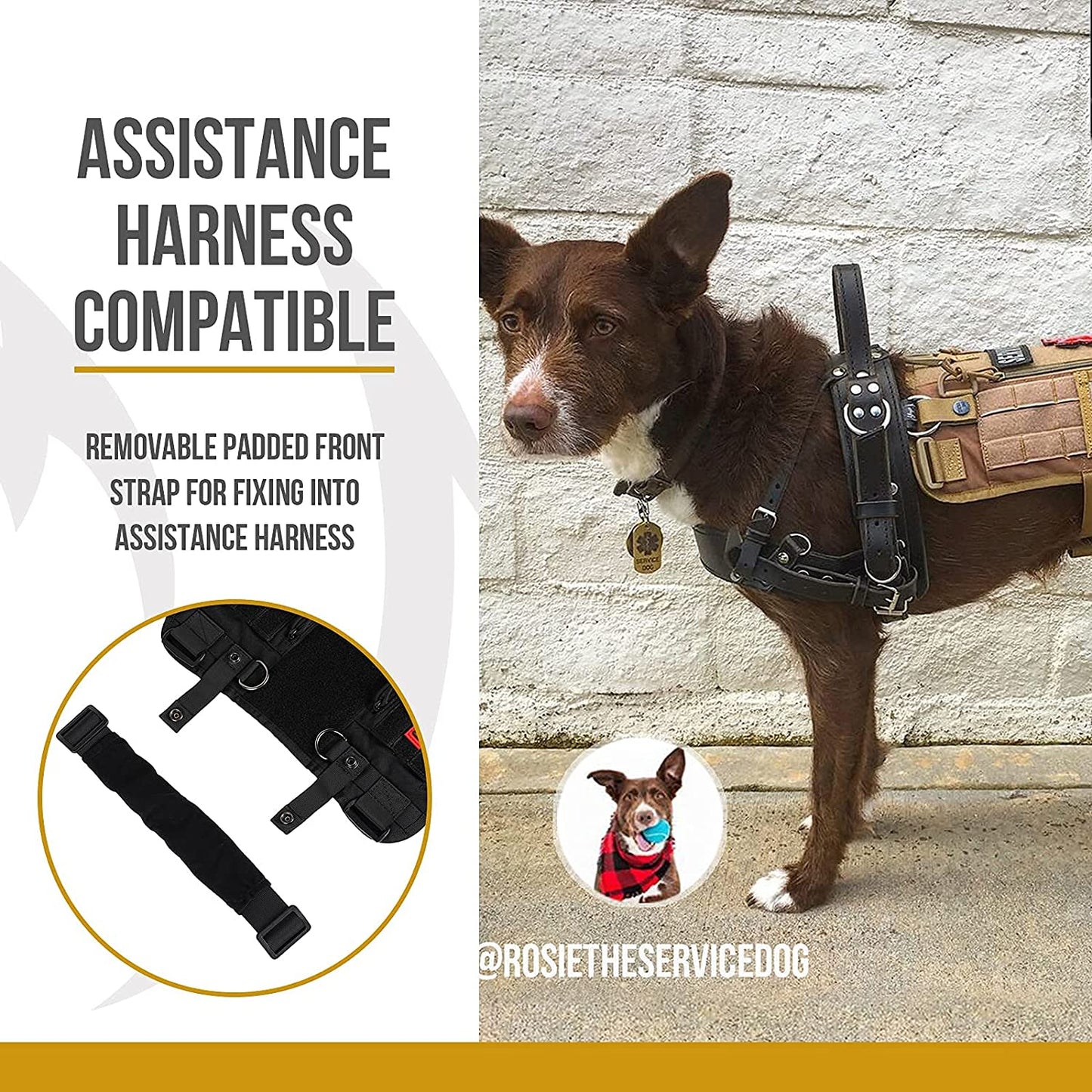 Service Dog Harness, Large Dog Harness Removable Neck Strap Compatible with Assistance Harness & Handle (Black, Short Version).
