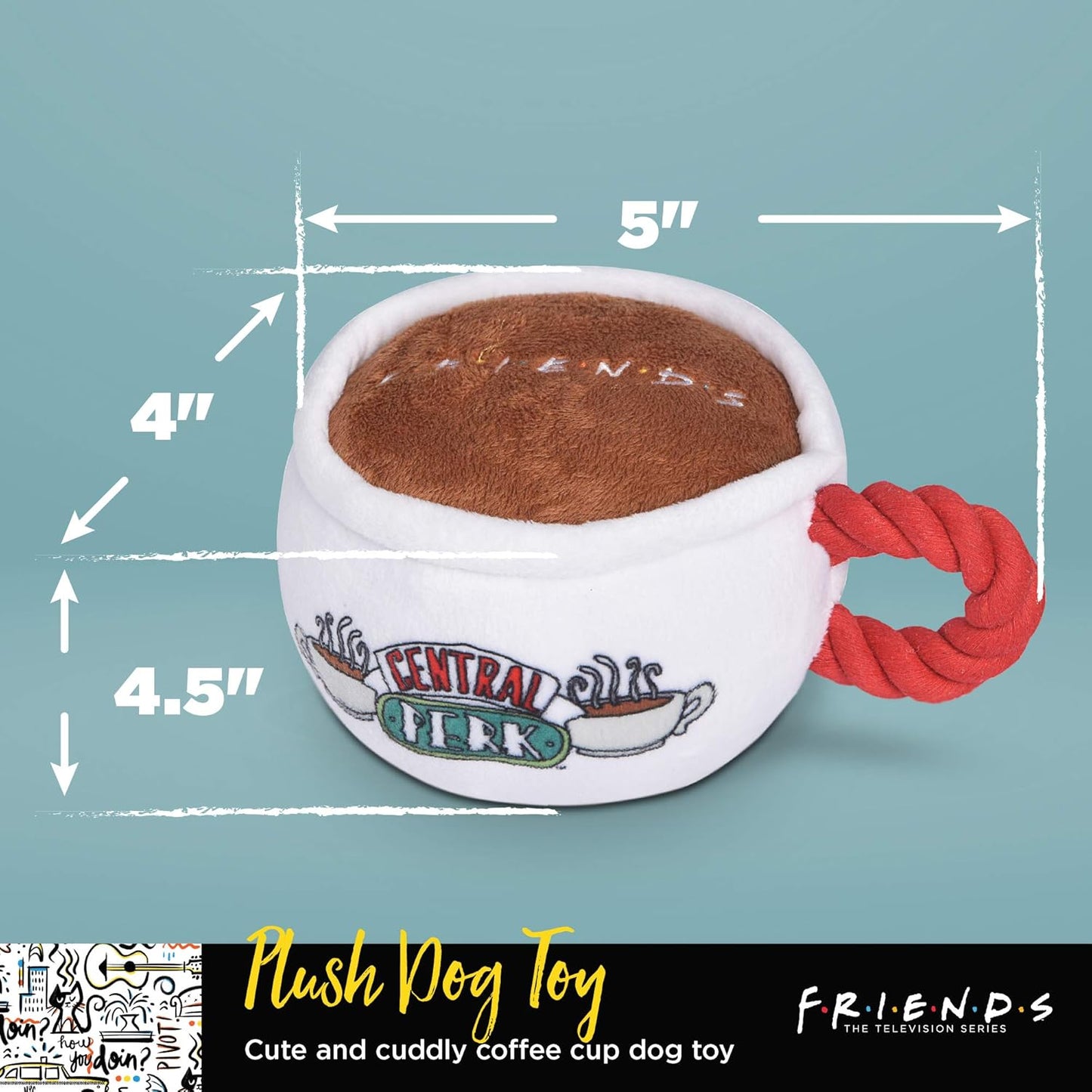 Central Perk Coffee Mug Plush Dog Toy with Rope Handle| Soft Cute Squeaky Toy for All Dogs | Stuffed Dog Toys with Squeaker Noise for Added Fun, Friends Memorabilia.