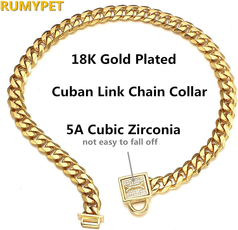 Gold Chain Dog Collar Walking Trainning Chain Collar with CZ Lock ID Tag and Bell Chew Proof 11MM/15MM/19MM Stainless Steel Cuban Link Chain for Small Medium Large Dogs(11Mm, 10Inch).