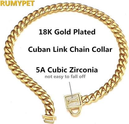 Gold Chain Dog Collar Walking Trainning Chain Collar with CZ Lock ID Tag and Bell Chew Proof 11MM/15MM/19MM Stainless Steel Cuban Link Chain for Small Medium Large Dogs(11Mm, 10Inch).
