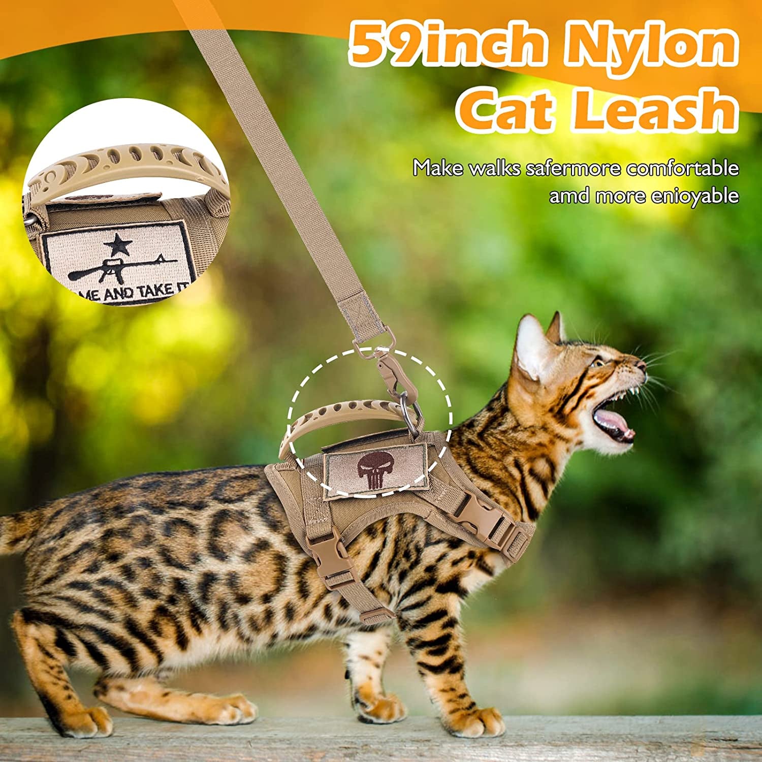Tactical Cat Harness and Leash Set for Walking Escape Proof, Adjustable Large Cat Vest Harness with Molle Patches, Soft Mesh Padding, Rubber Handle Easy to Control Khaki.