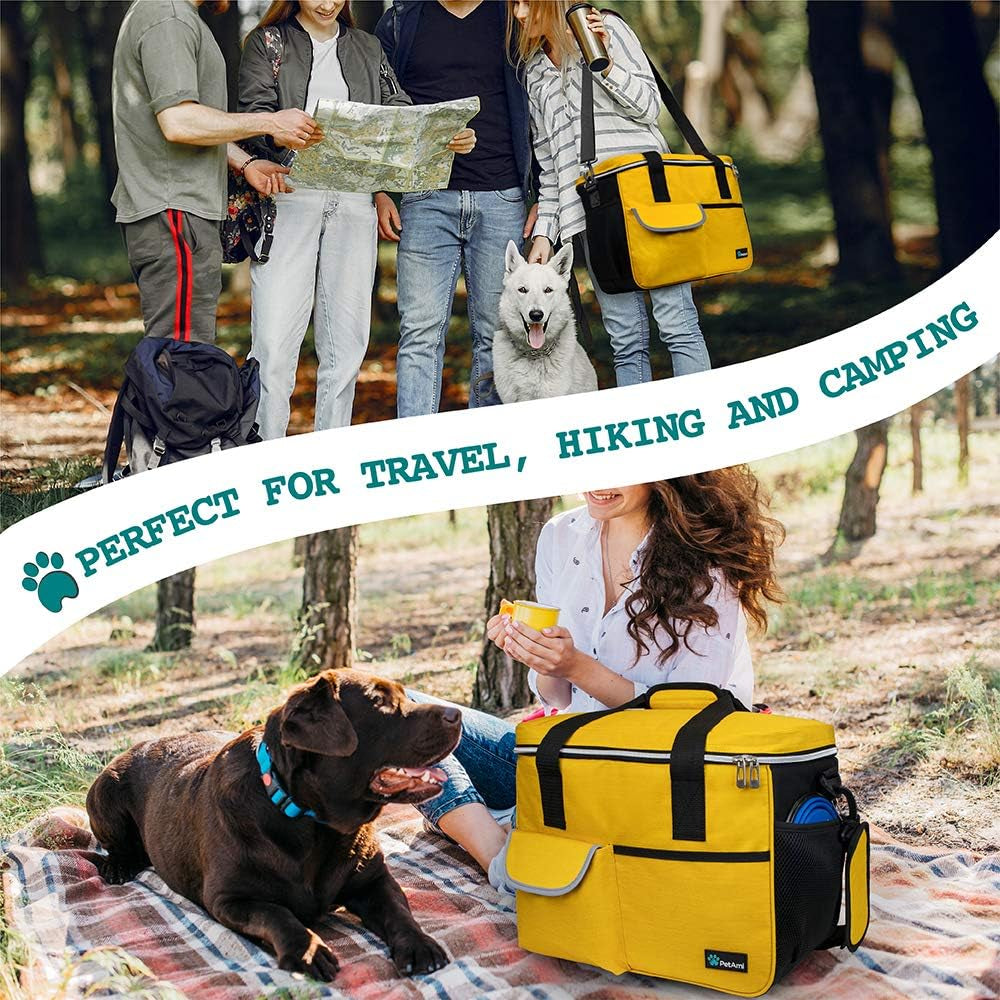 Dog Travel Bag, Travel Pet Bag Organizer, Dog Food Travel Bag with Food Container and Bowls, Dog Travel Supplies Gift Accessories for Weekend Camping, Dog Cat Diaper Bag (Yellow, Medium).