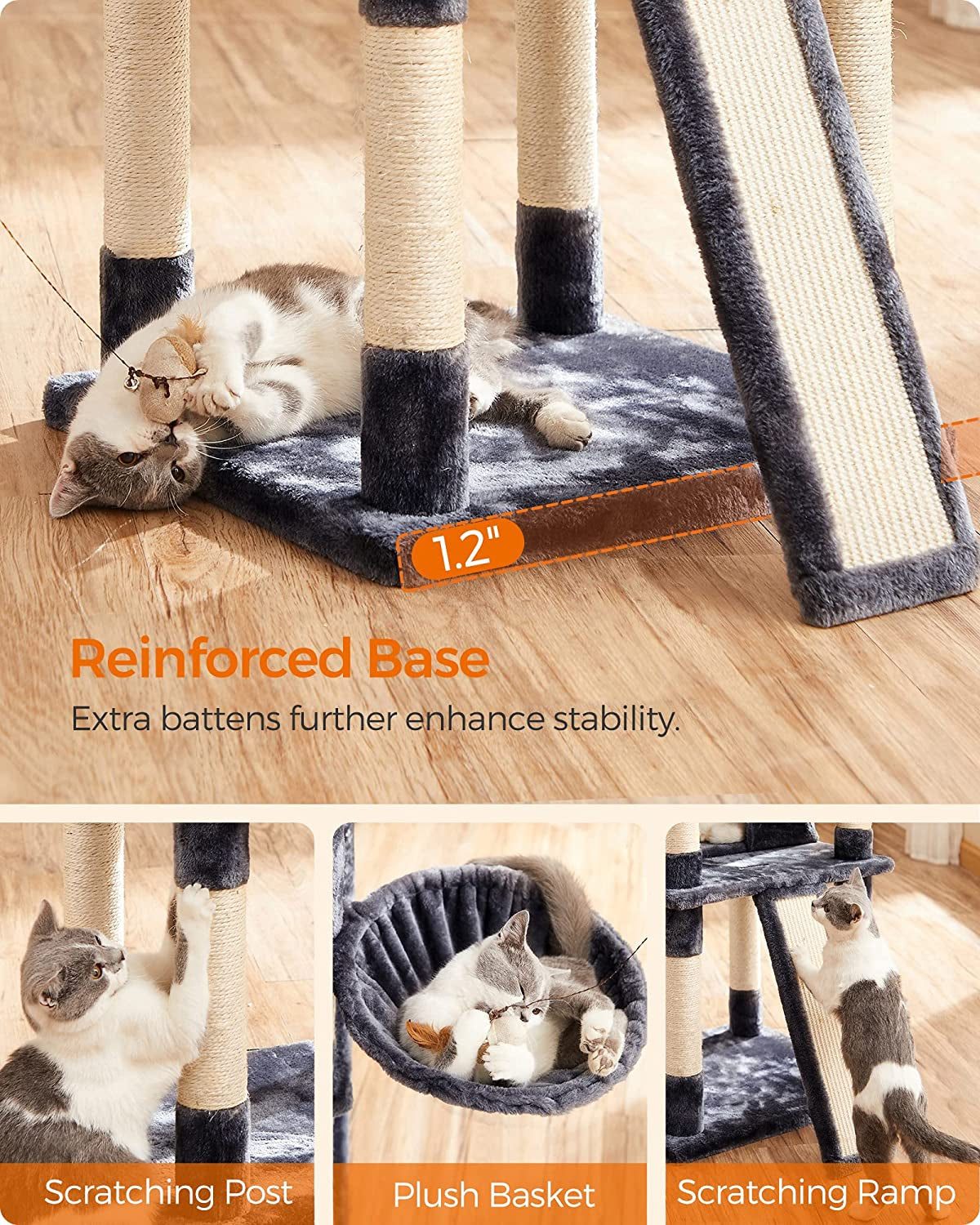 Cat Tree, Large Cat Tower, Cat Condo with Scratching Posts, Board, 2 Caves, 3 Plush Perches, Activity Center, 66.5 Inches, Smoky Gray UPCT019G01.