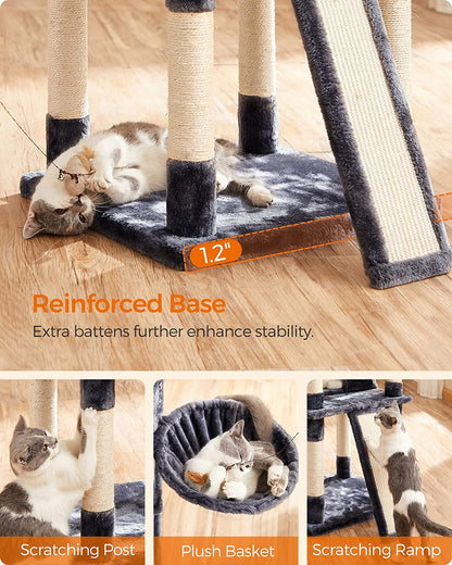 Cat Tree, Large Cat Tower, Cat Condo with Scratching Posts, Board, 2 Caves, 3 Plush Perches, Activity Center, 66.5 Inches, Smoky Gray UPCT019G01.