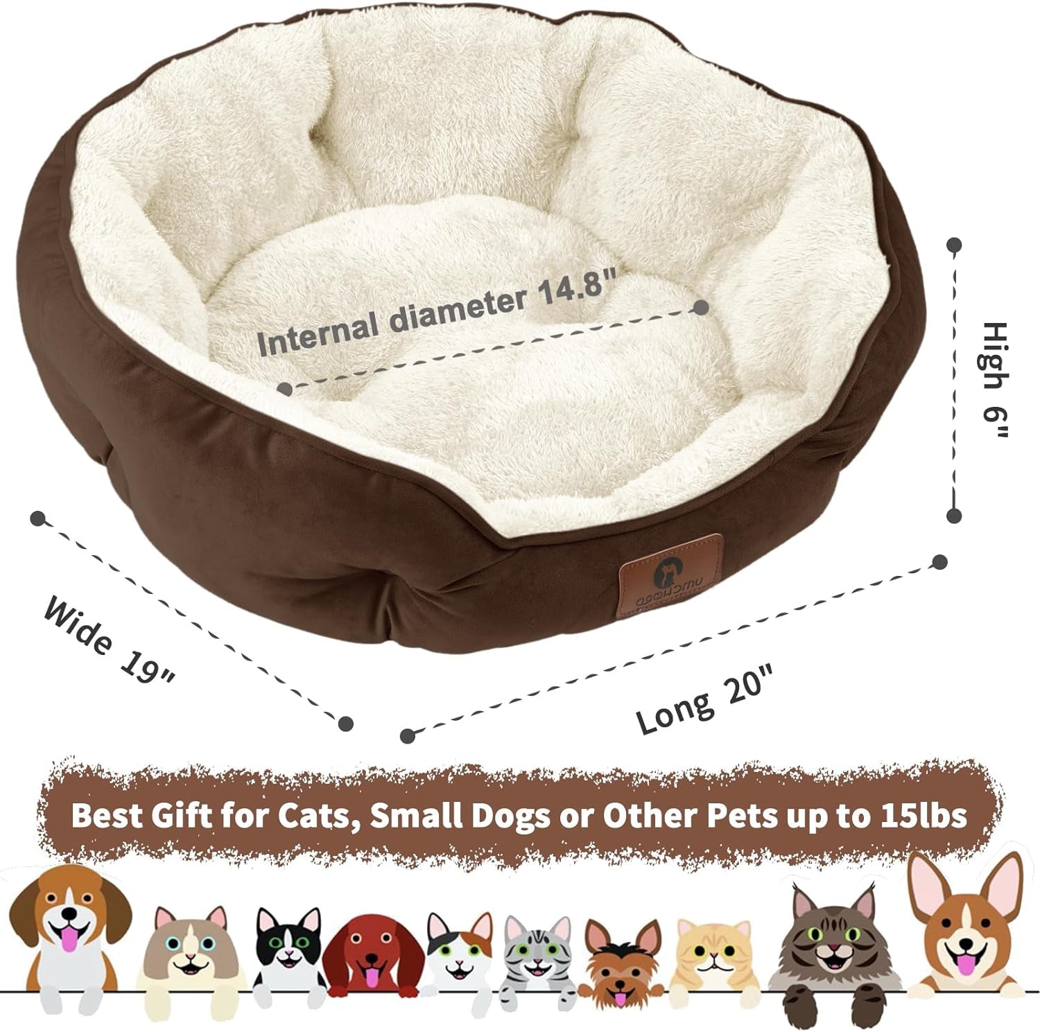 Small Dog Bed for Small Dogs, Cat Beds for Indoor Cats, Pet Bed for Puppy and Kitty, Extra Soft & Machine Washable with Anti-Slip & Water-Resistant Oxford Bottom, Brown, 20 Inches.