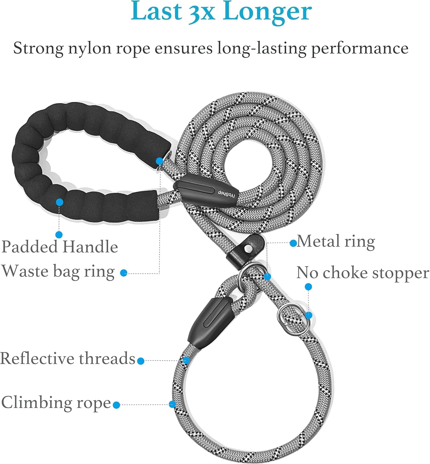 Durable Slip Lead Dog Leash with Padded Handle and Highly Reflective Threads, No Pull Dog Training Leash, (1/2" X 6 FT, Grey).