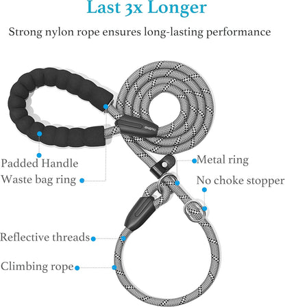 Durable Slip Lead Dog Leash with Padded Handle and Highly Reflective Threads, No Pull Dog Training Leash, (1/2" X 6 FT, Grey).