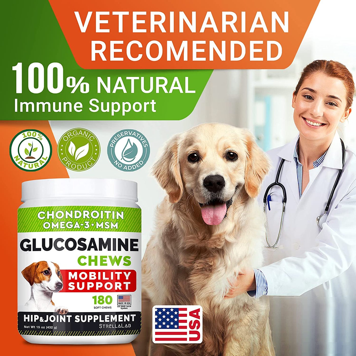 Glucosamine Treats for Dogs - Joint Supplement W/ Omega-3 Fish Oil - Chondroitin, MSM - Advanced Mobility Chews - Joint Pain Relief - Hip & Joint Care - Chicken Flavor - 180 Ct - Made in USA.