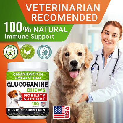 Glucosamine Treats for Dogs - Joint Supplement W/ Omega-3 Fish Oil - Chondroitin, MSM - Advanced Mobility Chews - Joint Pain Relief - Hip & Joint Care - Chicken Flavor - 180 Ct - Made in USA.