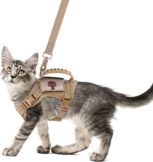 Tactical Cat Harness and Leash Set for Walking Escape Proof, Adjustable Large Cat Vest Harness with Molle Patches, Soft Mesh Padding, Rubber Handle Easy to Control Khaki.