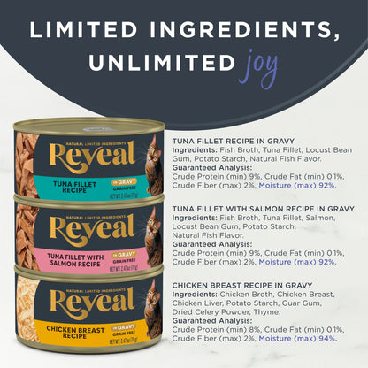 Reveal Natural Wet Cat Food, Fish & Chicken in Gravy Variety Pack, 12 X 2.47 Oz Cans.