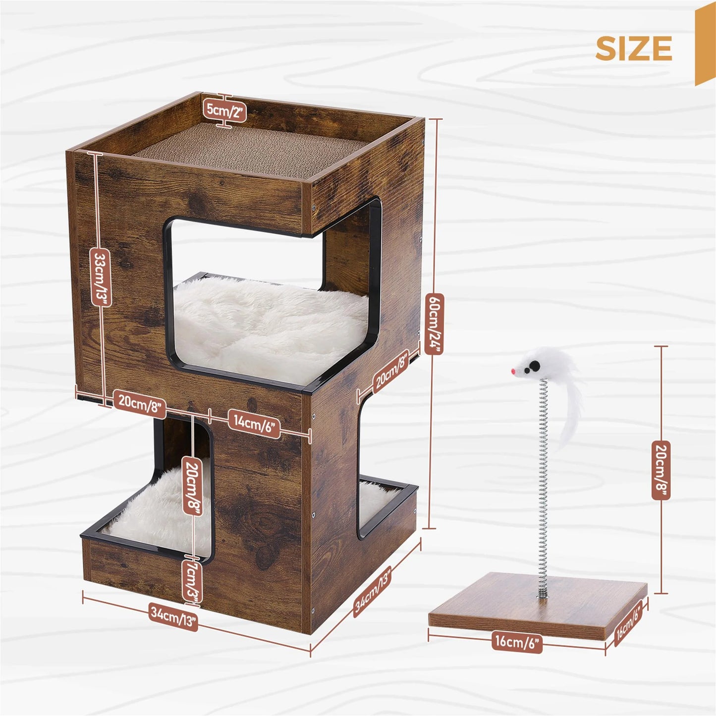 23" Wood Cat House Furniture for Indoor Cats, Modern Cat Tree Tower Bed with Free Cat Toy, Scratching Pad and Removable Soft Mats, Small Cat Condo, Brown.