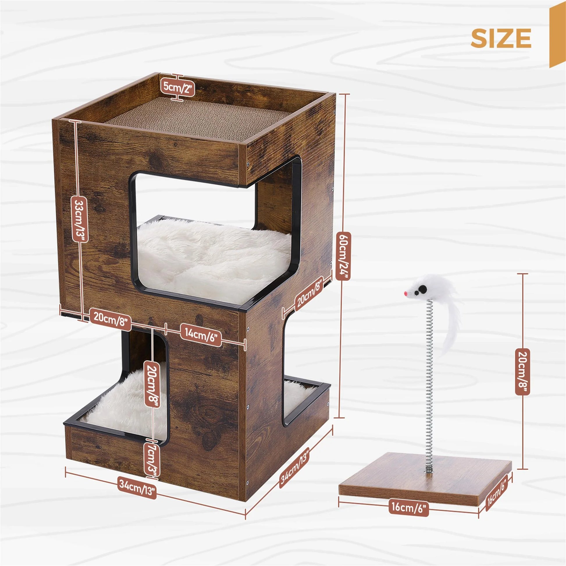 23" Wood Cat House Furniture for Indoor Cats, Modern Cat Tree Tower Bed with Free Cat Toy, Scratching Pad and Removable Soft Mats, Small Cat Condo, Brown.