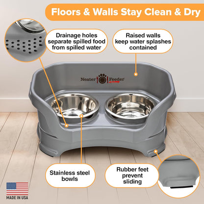 Neater Feeder Deluxe Mess Proof Dog Bowls Elevated for Small Breed – Made in USA – No Spill Raised Dog Food Bowl Stand – Stainless Steel Food and Water Bowl Set, Pet Feeding Station, Grey.