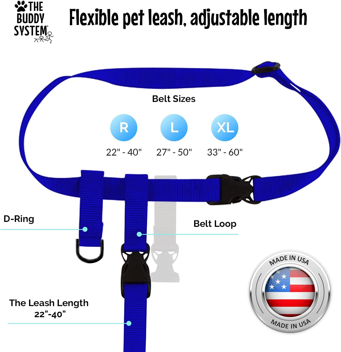 Hands Free Dog Leash, Adjustable Leash for Running, Jogging, Training and Service Dogs, Great for Small, Medium and Large Dogs, Made in USA (Royal Blue, Large Belt (27"- 50" Waist)).