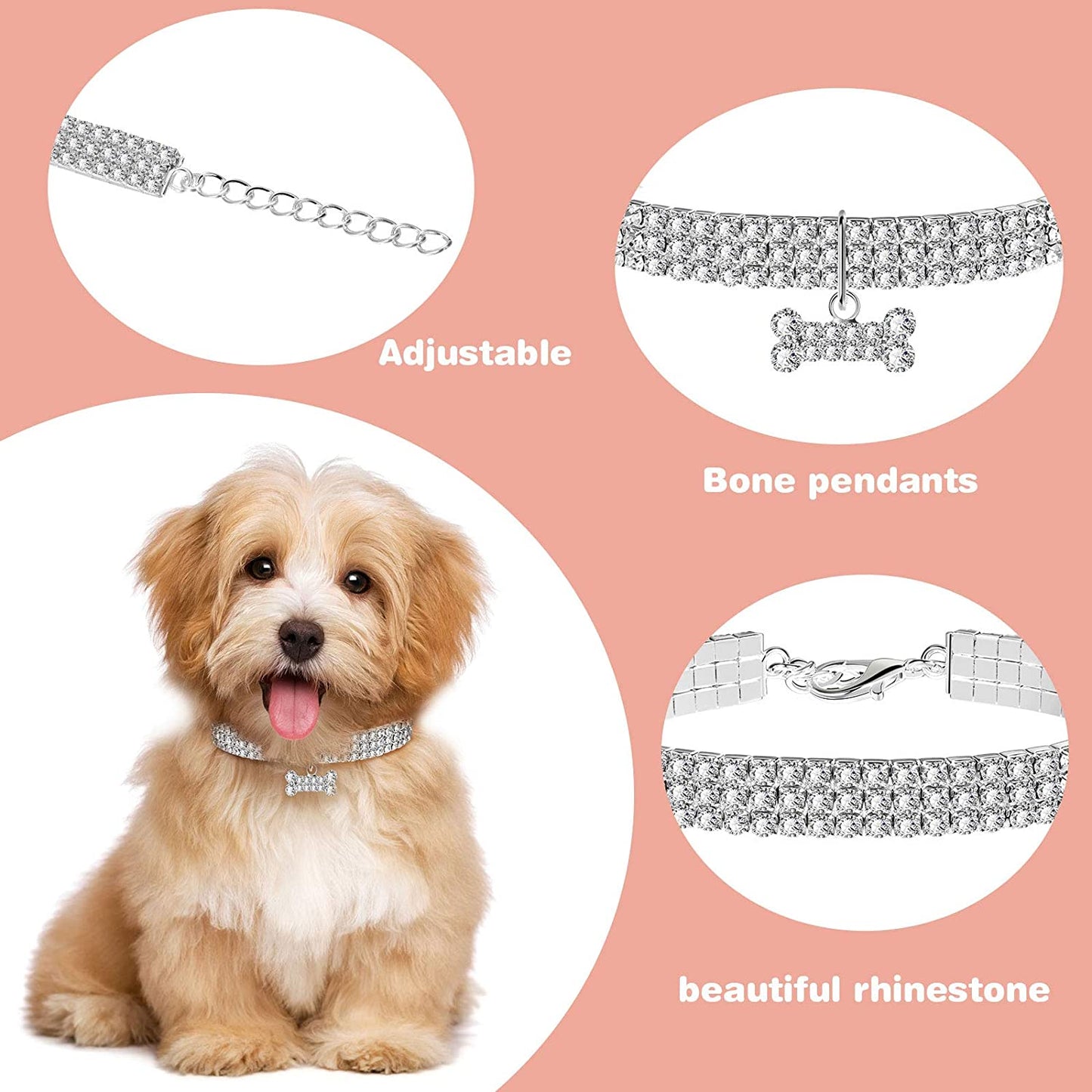 3 Pieces Bling Rhinestones Pet Collars Glitter Pendant Dog Collars Adjustable Crystal Cat Collar Elastic Pet Necklace for Small Pet Cat Dogs Puppy (White).