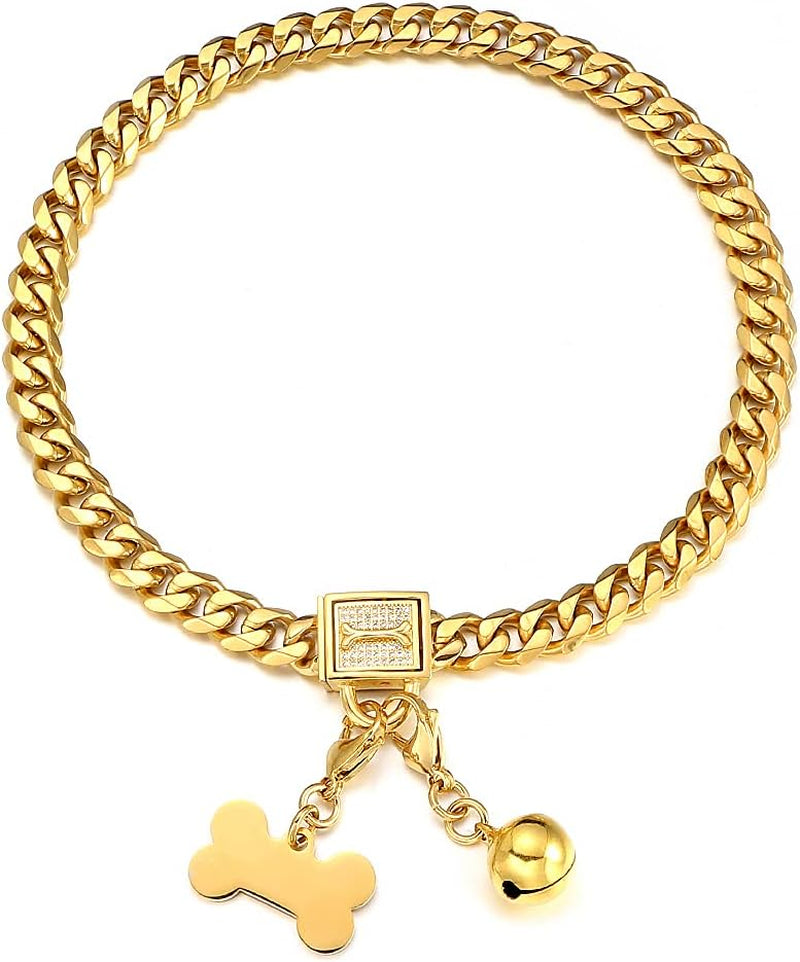Gold Chain Dog Collar Walking Trainning Chain Collar with CZ Lock ID Tag and Bell Chew Proof 11MM/15MM/19MM Stainless Steel Cuban Link Chain for Small Medium Large Dogs(11Mm, 10Inch).