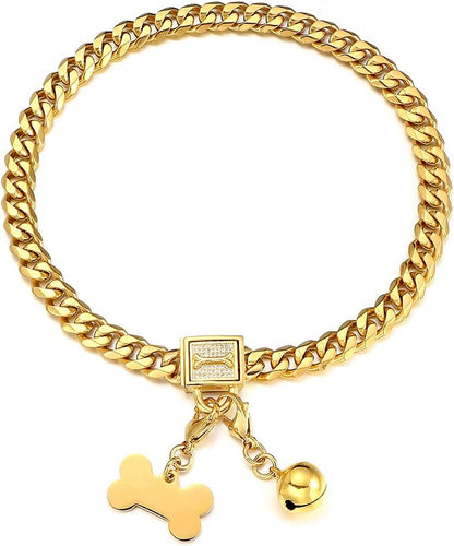 Gold Chain Dog Collar Walking Trainning Chain Collar with CZ Lock ID Tag and Bell Chew Proof 11MM/15MM/19MM Stainless Steel Cuban Link Chain for Small Medium Large Dogs(11Mm, 10Inch).