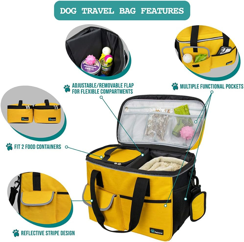 Dog Travel Bag, Travel Pet Bag Organizer, Dog Food Travel Bag with Food Container and Bowls, Dog Travel Supplies Gift Accessories for Weekend Camping, Dog Cat Diaper Bag (Yellow, Medium).