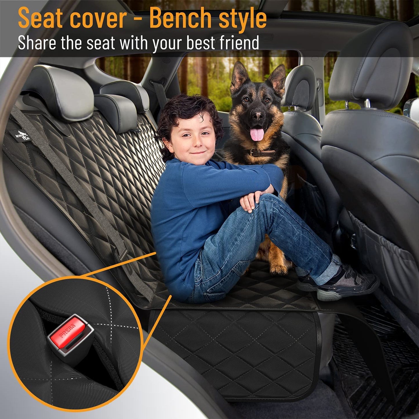 Dog Car Seat Cover for Back Seat, Waterproof Pet Protection Hammock, SUV Truck Car Backseat Protector with Safety Features, Black.