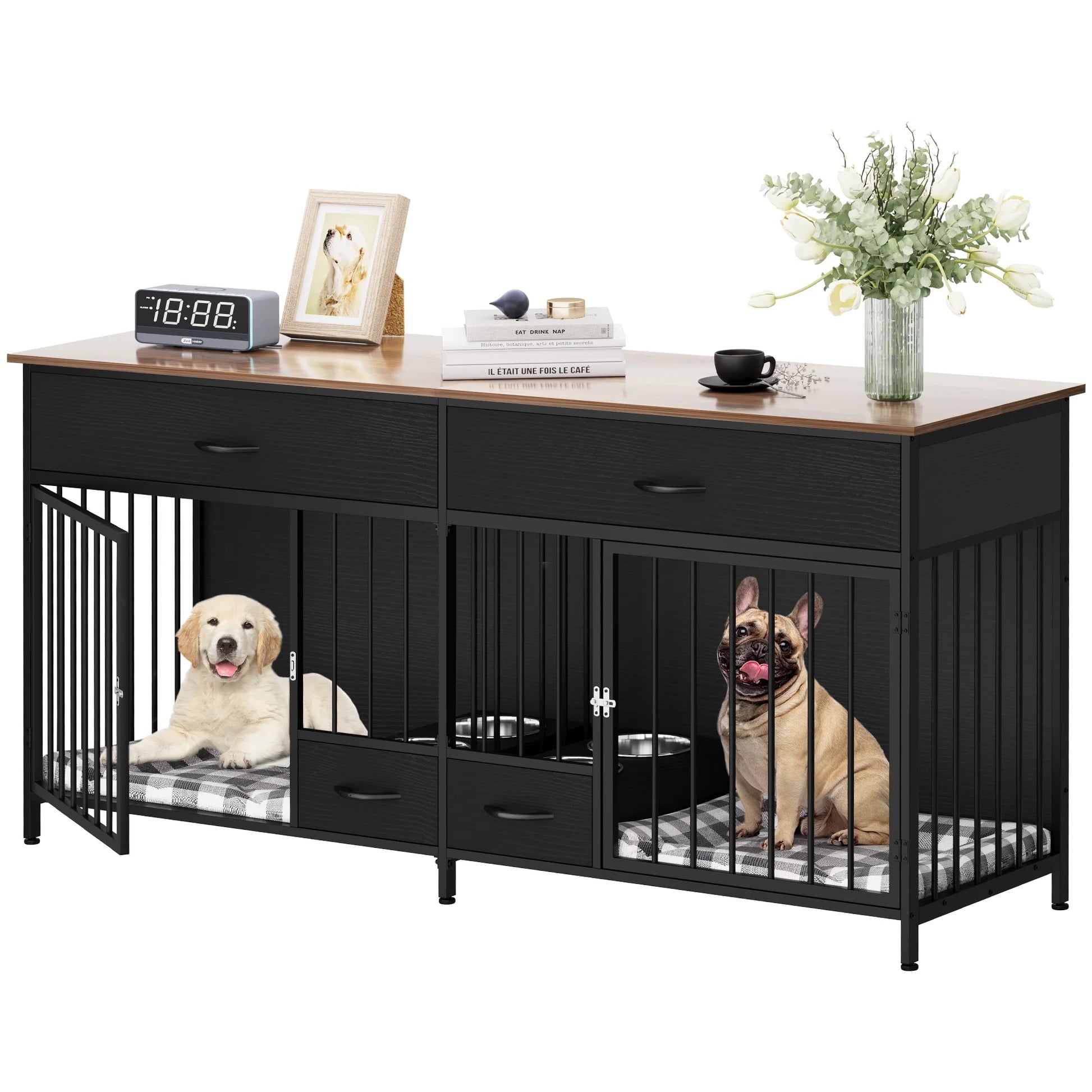 Indoor Dog Crate Furniture Large Breed with Storage&Dog Feeder, Double Dog Kennel Furniture TV Stand, 74.8" Inch Wooden Decorative Dog Kennel Furniture for 2 Dogs, Black.