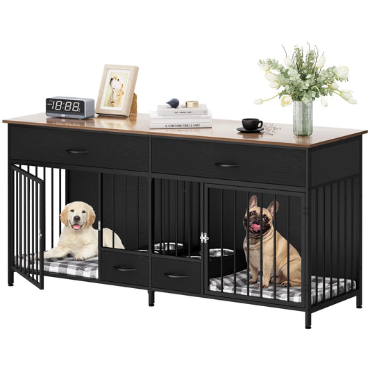 Indoor Dog Crate Furniture Large Breed with Storage&Dog Feeder, Double Dog Kennel Furniture TV Stand, 74.8" Inch Wooden Decorative Dog Kennel Furniture for 2 Dogs, Black.