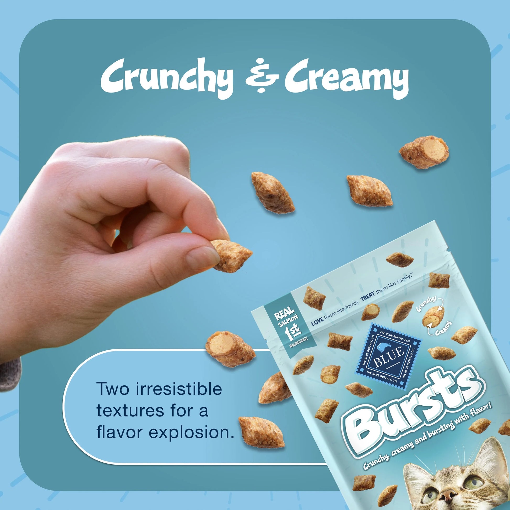 Bursts Crunchy & Creamy Cat Treats, Great for Training, Seafood, 12-Oz. Tub.