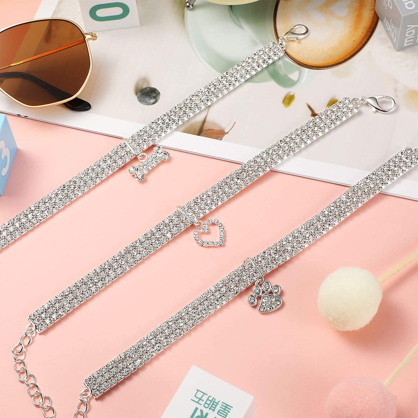 3 Pieces Bling Rhinestones Pet Collars Glitter Pendant Dog Collars Adjustable Crystal Cat Collar Elastic Pet Necklace for Small Pet Cat Dogs Puppy (White).
