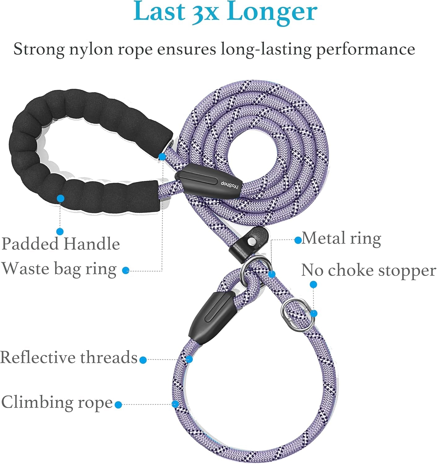 Durable Slip Lead Dog Leash with Padded Handle and Highly Reflective Threads, No Pull Dog Training Leash, (1/2" X 6 FT, Lavender).