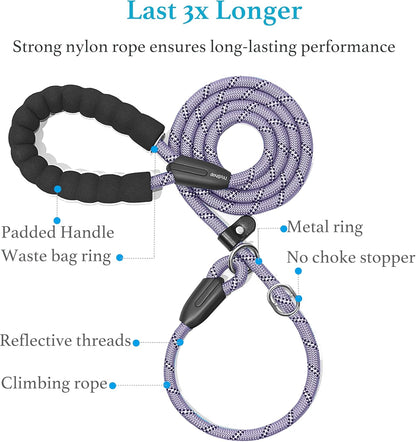 Durable Slip Lead Dog Leash with Padded Handle and Highly Reflective Threads, No Pull Dog Training Leash, (1/2" X 6 FT, Lavender).