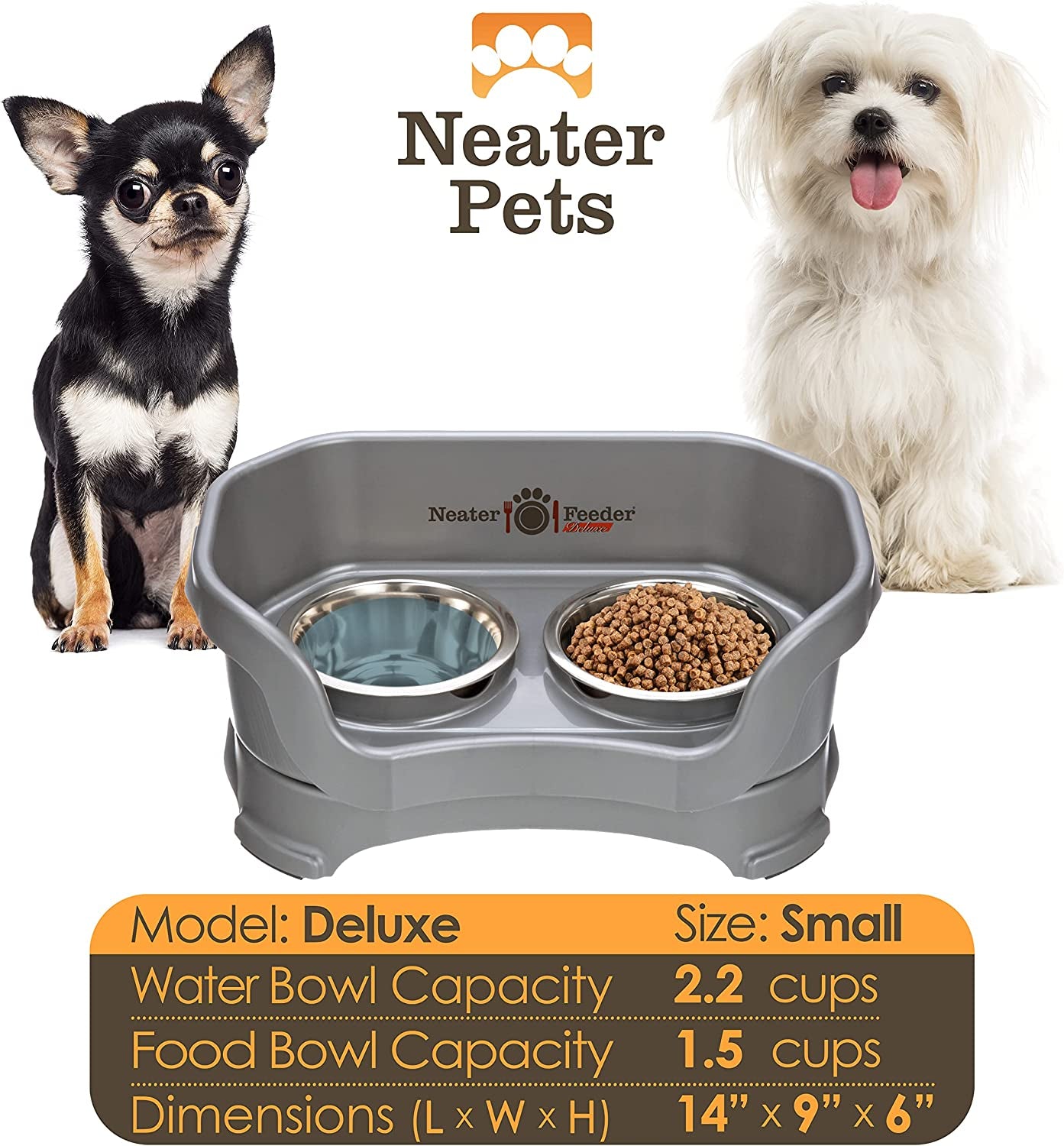 Neater Feeder Deluxe Mess Proof Dog Bowls Elevated for Small Breed – Made in USA – No Spill Raised Dog Food Bowl Stand – Stainless Steel Food and Water Bowl Set, Pet Feeding Station, Grey.