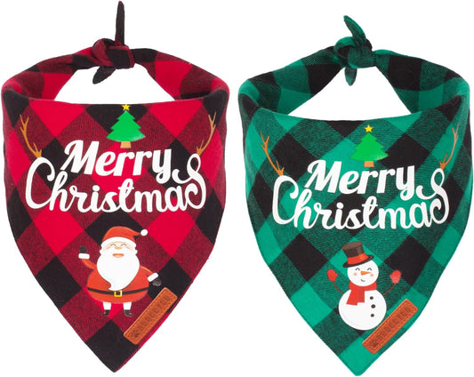 2 Pack Dog Bandana Christmas Classic Plaid Pet Scarf Triangle Bibs Kerchief Merry Christmas Santa Snowman Bandana for Medium Large Dogs Pets (Large).