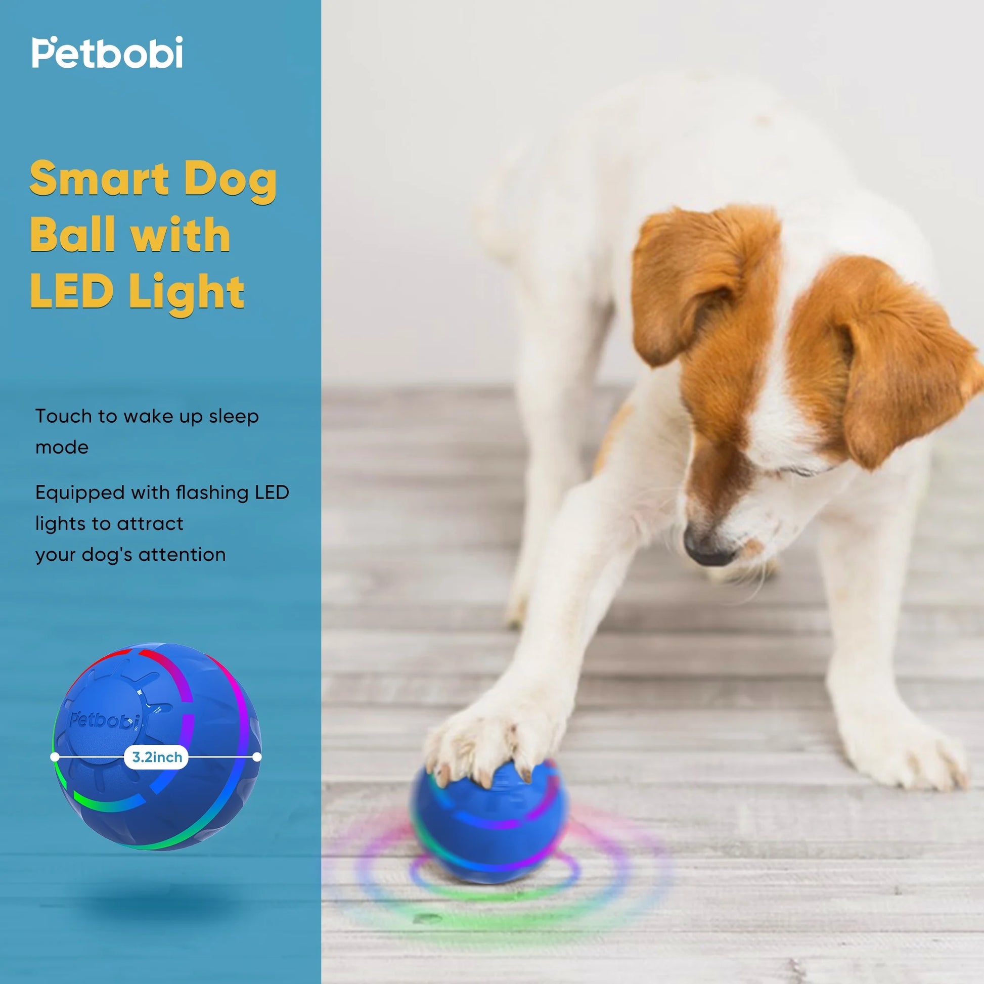 Interactive Toy Dog Ball, Active Rolling Ball for Dogs with Flashing LED Light, Moving Bouncing Toys Ball for Medium or Large Dogs, USB Rechargeable, Blue.