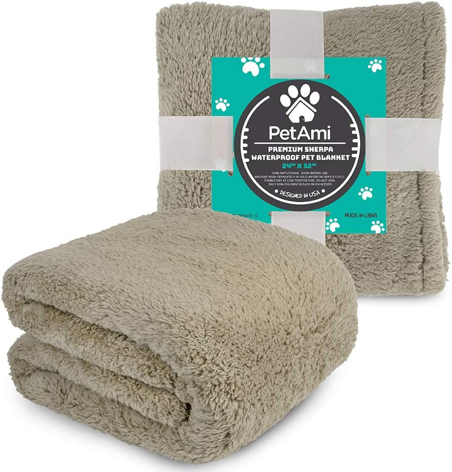 Fluffy Waterproof Dog Blanket for Small Medium Dogs, Soft Warm Pet Sherpa Throw Pee Proof Couch Cover, Reversible Cat Puppy Bed Blanket Sofa Protector, Plush Washable Pad (Taupe Camel, 24X32).