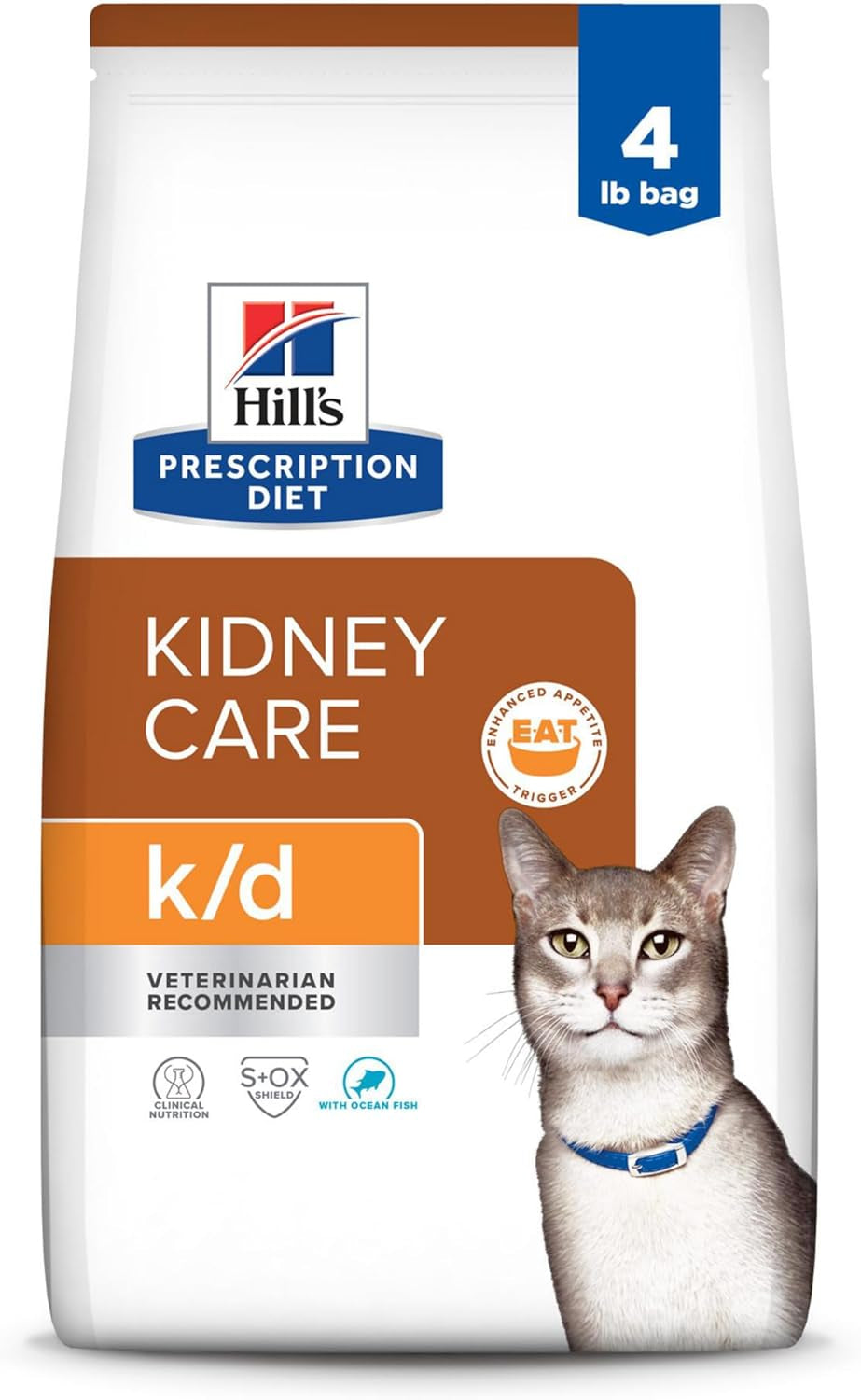 K/D Kidney Care Ocean Fish Dry Cat Food, Veterinary Diet, 4 Lb. Bag.