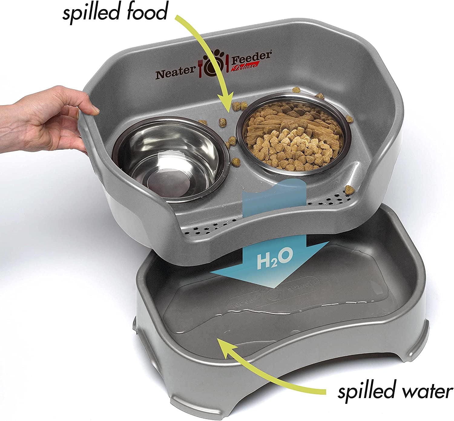 Neater Feeder Deluxe Mess Proof Dog Bowls Elevated for Small Breed – Made in USA – No Spill Raised Dog Food Bowl Stand – Stainless Steel Food and Water Bowl Set, Pet Feeding Station, Grey.