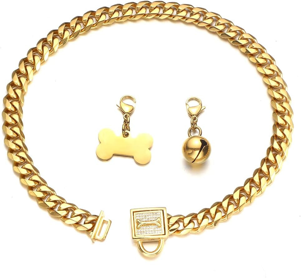 Gold Chain Dog Collar Walking Trainning Chain Collar with CZ Lock ID Tag and Bell Chew Proof 11MM/15MM/19MM Stainless Steel Cuban Link Chain for Small Medium Large Dogs(11Mm, 10Inch).