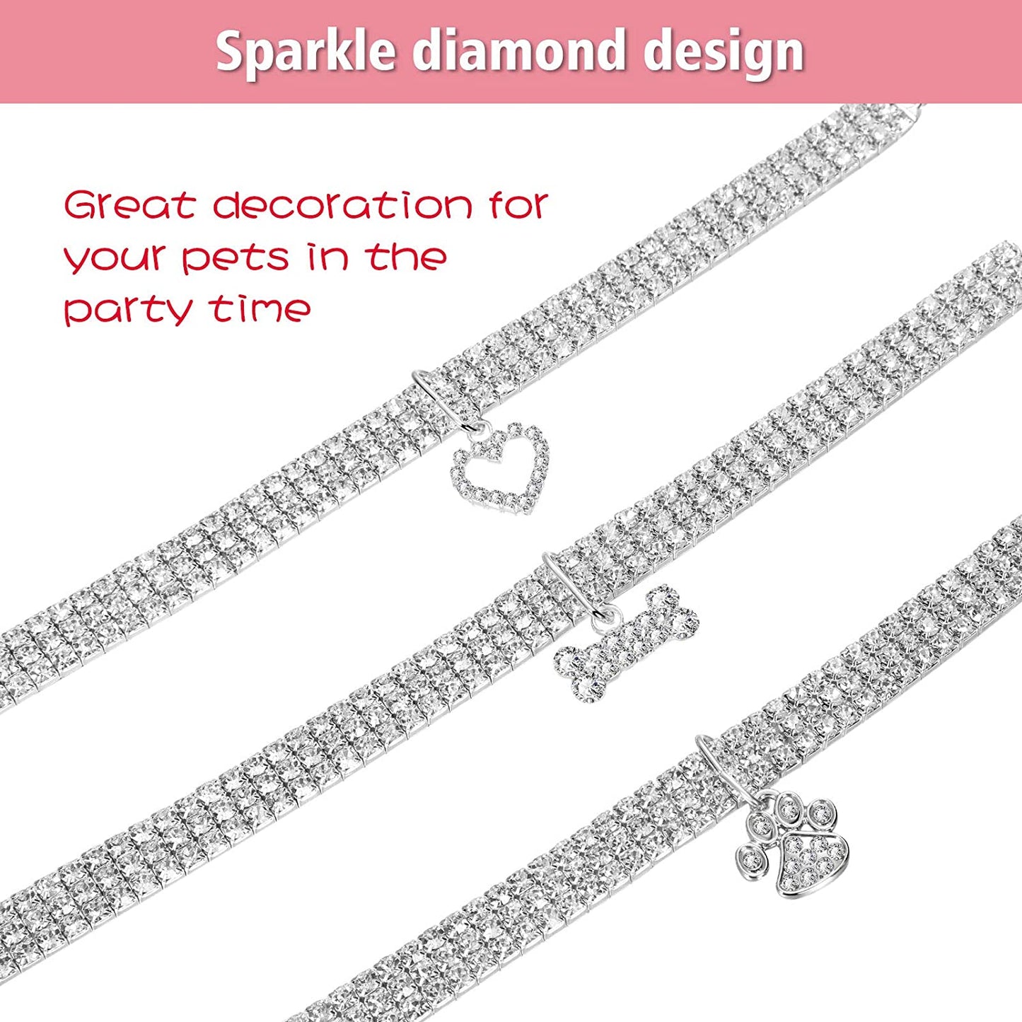 3 Pieces Bling Rhinestones Pet Collars Glitter Pendant Dog Collars Adjustable Crystal Cat Collar Elastic Pet Necklace for Small Pet Cat Dogs Puppy (White).