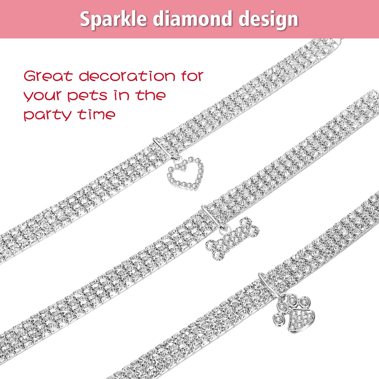 3 Pieces Bling Rhinestones Pet Collars Glitter Pendant Dog Collars Adjustable Crystal Cat Collar Elastic Pet Necklace for Small Pet Cat Dogs Puppy (White).