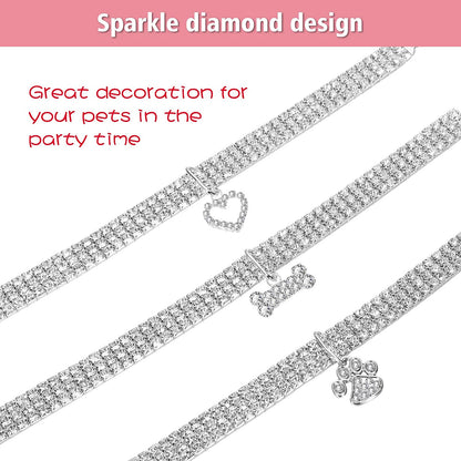 3 Pieces Bling Rhinestones Pet Collars Glitter Pendant Dog Collars Adjustable Crystal Cat Collar Elastic Pet Necklace for Small Pet Cat Dogs Puppy (White).