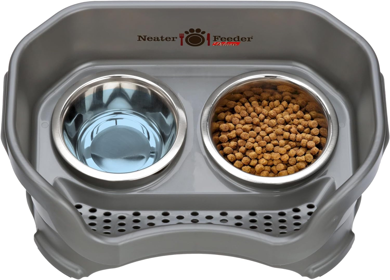 Neater Feeder Deluxe Mess Proof Dog Bowls Elevated for Small Breed – Made in USA – No Spill Raised Dog Food Bowl Stand – Stainless Steel Food and Water Bowl Set, Pet Feeding Station, Grey.