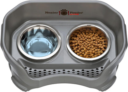 Neater Feeder Deluxe Mess Proof Dog Bowls Elevated for Small Breed – Made in USA – No Spill Raised Dog Food Bowl Stand – Stainless Steel Food and Water Bowl Set, Pet Feeding Station, Grey.