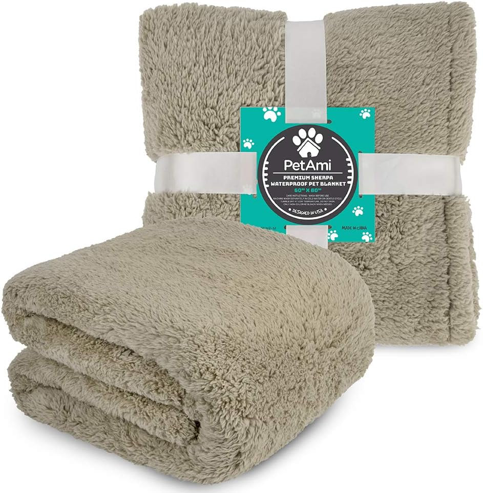 Fluffy Waterproof Dog Blanket for Bed Large Dogs, Soft Warm Pet Sherpa Throw Pee Proof Couch Cover, Reversible Cat Blanket Sofa Crate Kennel Protector, Washable Mat (Taupe Camel, 60X80).