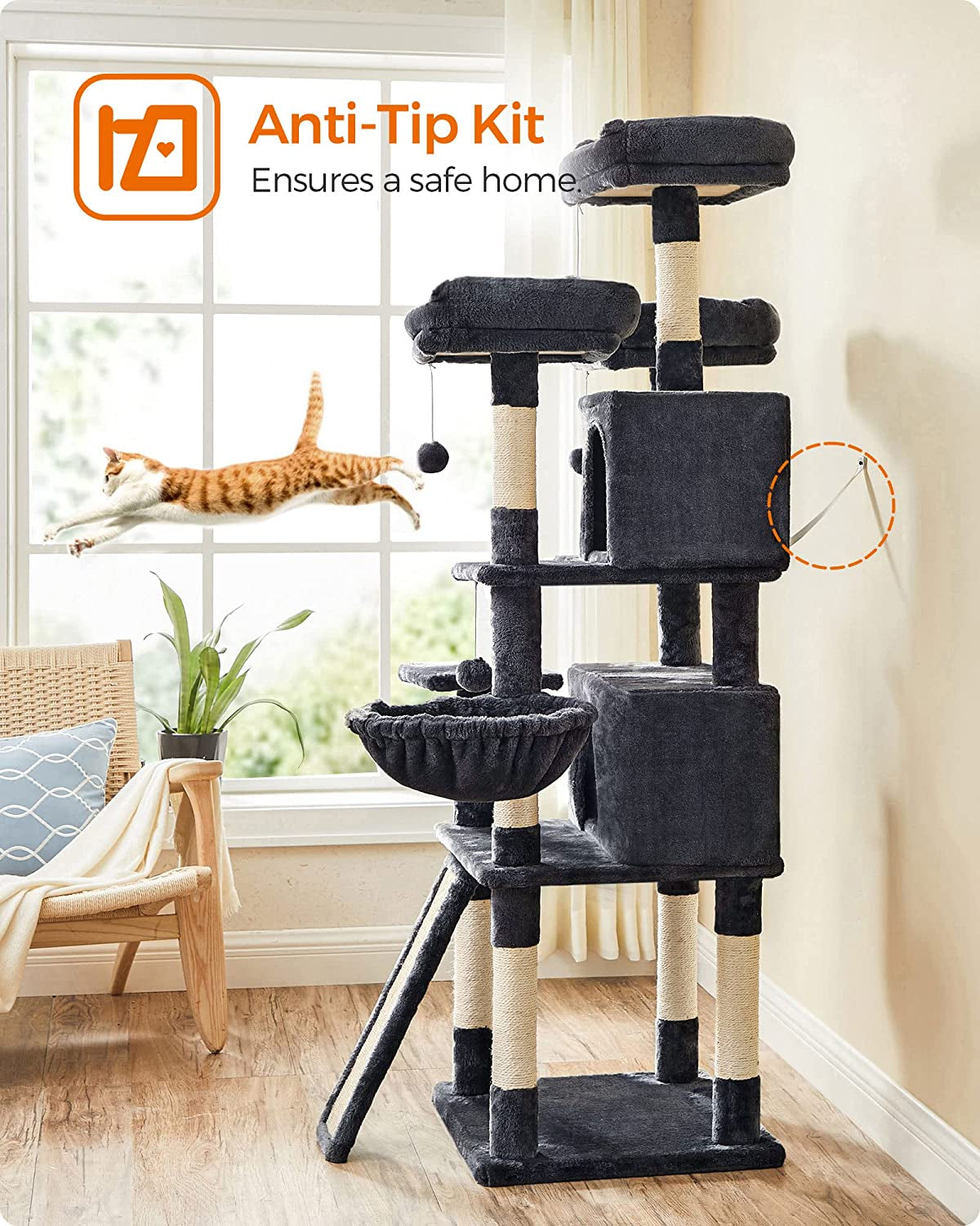 Cat Tree, Large Cat Tower, Cat Condo with Scratching Posts, Board, 2 Caves, 3 Plush Perches, Activity Center, 66.5 Inches, Smoky Gray UPCT019G01.