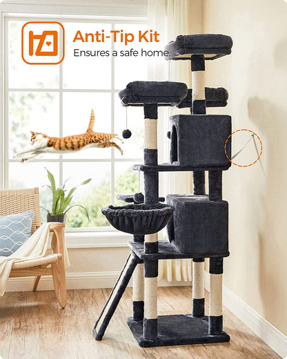 Cat Tree, Large Cat Tower, Cat Condo with Scratching Posts, Board, 2 Caves, 3 Plush Perches, Activity Center, 66.5 Inches, Smoky Gray UPCT019G01.