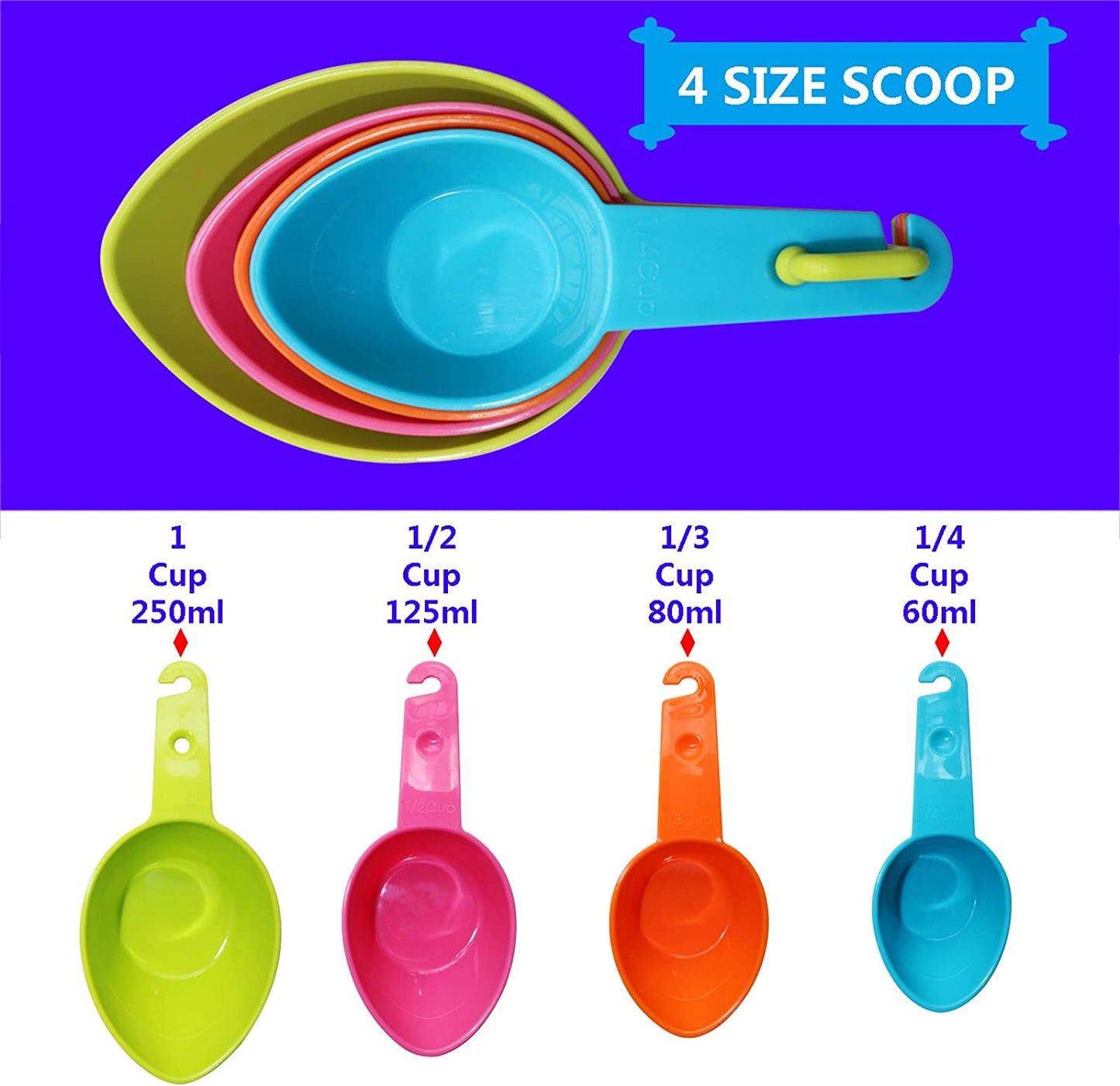Dog Food Scoop Set of 4 - Plastic Measuring Cups for Dog, Cat and Bird Food (Random Color).